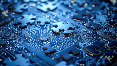 A detailed view of a blue circuit board featuring interconnected components, overlaid with puzzle...