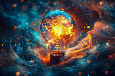 An illuminated filament encased in a glass sphere radiates intense fiery sparks, set against a...