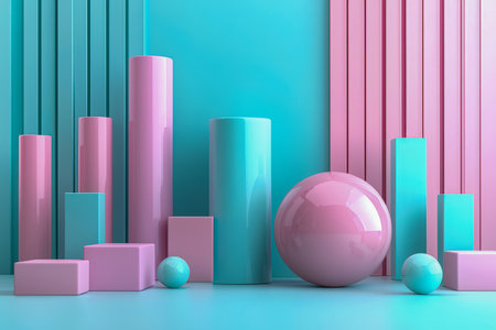 Dynamic composition of vivid pink and blue polygonal forms set against a sleek, contemporary backdrop, evoking creativity and modernity.の写真素材
