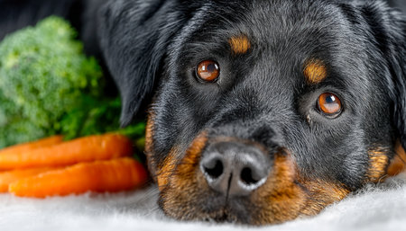 A serene Rottweiler rests gently on a plush surface, with vibrant fresh vegetables creating a lively backdrop that highlights health and harmony.の写真素材