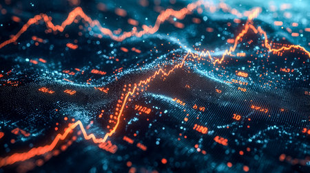 A vibrant digital display of fluctuating line graphs illustrating financial market movements, set against a high-tech dark background for professionalの写真素材
