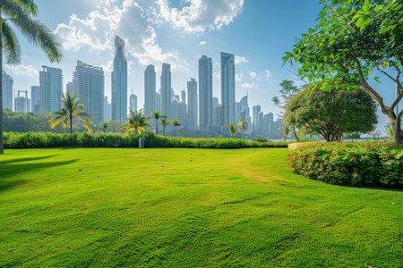 Green park with city skyline view in financial district, urban oasis in bustling city centerの写真素材