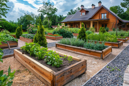 Raised wooden beds in modern garden growing plants herbs vegetables near countryside houseの写真素材