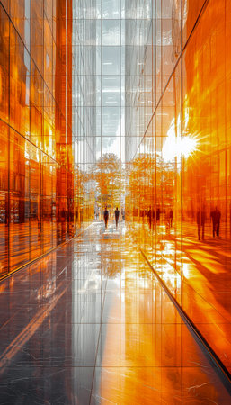 A sleek city pathway featuring towering glass reflections illuminated by golden sunset hues, evoking...