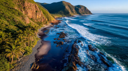 A tranquil seaside landscape featuring rugged rocks along the shore, vibrant foliage on towering...