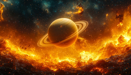A distant celestial sphere with elegant rings drifts amid a blazing cosmic upheaval, showcasing...