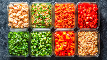 Bright glass jars filled with colorful diced vegetables and grains, set against a clean surface, perfect for nutritious meal planning and vibrant cuisの写真素材