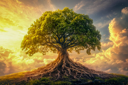A towering, noble tree with sprawling roots emerges against a fiery sunset, evoking strength and...
