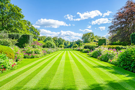 A pristine garden features a meticulously striped lawn, surrounded by colorful flower displays, all set beneath a clear azure sky, exuding serenity anの写真素材