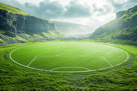 A vibrant football pitch nestled in a verdant valley, encircled by towering mountain ranges, creating a tranquil yet inspiring outdoor sports setting.の写真素材