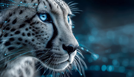A majestic snow feline with intense icy eyes amidst an enchanting, luminous setting exuding strength...