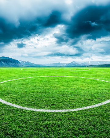 A vibrant, well-maintained football pitch stretches beneath a brooding cloud cover, framed by majestic mountain silhouettes, evoking serenity and outdの写真素材