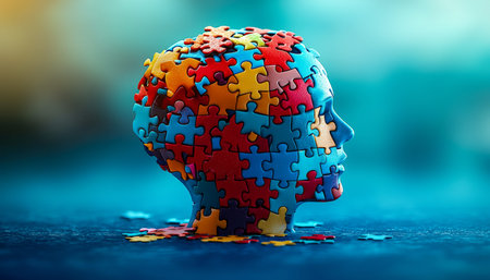 A vibrant mosaic of interlocking puzzle fragments forms the silhouette of a human cranium,...