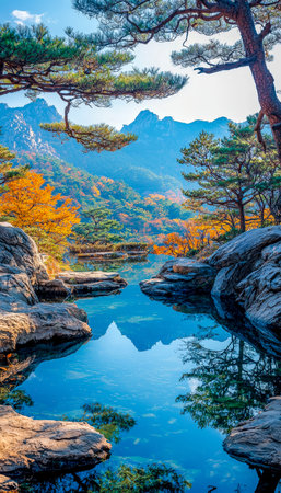 A tranquil scene featuring majestic peaks mirrored in a gentle river, surrounded by vibrant fall foliage in warm shades of red, orange, and gold.の写真素材