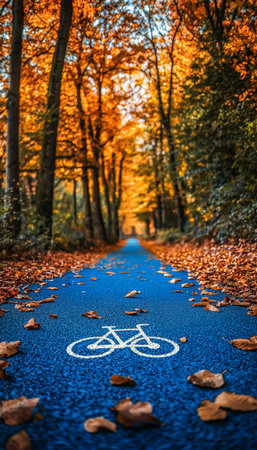 A vibrant forest trail adorned with amber, crimson, and gold foliage, featuring a dedicated bicycle...