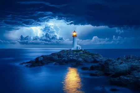 A solitary beacon illuminates jagged cliffs amid fierce rain and lightning, evoking a dramatic, moody seascape under a stormy night sky.のeditorial素材