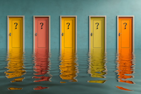 Brightly painted doors form a vibrant row, with mysterious question marks mirrored in the water...