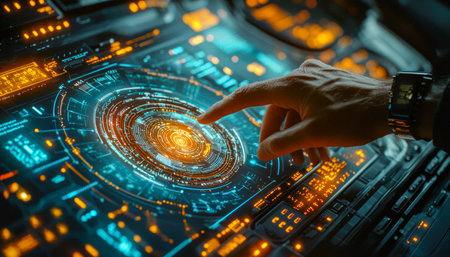 A modern individual engages with a luminous, three-dimensional display, immersed in advanced...