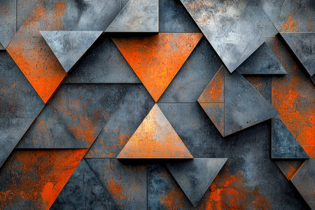 A textured wall featuring angular rusted metal pieces arranged in an artistic pattern, evoking industrial elegance and modern abstract style.の写真素材
