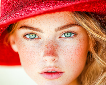 An expressive woman with captivating azure eyes and sun-kissed freckles gazes softly, donning a vibrant red hat amidst a natural, warm-lit setting.のeditorial素材