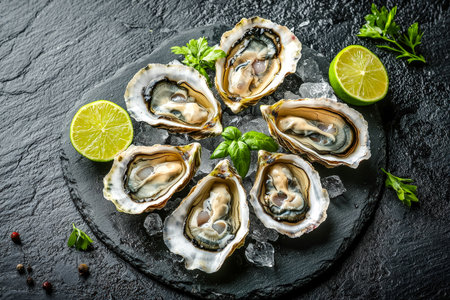Juicy oysters nestled on a sleek black slate, accented with a bright lemon wedge and fresh herbs, evoking elegance and gourmet appeal.の写真素材