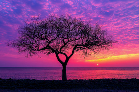 A lone, stark tree stands in shadow as vibrant hues streak the sky, reflecting on calm waters, evoking serene solitude and natural beauty at dusk.の写真素材