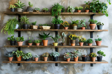 Stylish wall decor. plants in pots on wooden shelves for a nature-inspired home settingの写真素材