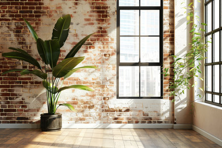 Modern loft interior with spacious room, large window, brick wall, and trendy interior designの写真素材