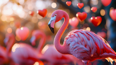 A colorful pink flamingo stands amidst plush red heart-shaped ornaments, basking in warm, gentle sunset glow, perfect for romantic and cheerful themesの写真素材
