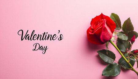 A romantically elegant scene featuring a single crimson rose and a heartfelt greeting, perfect for conveying love and affection on a soft pink backdroの写真素材
