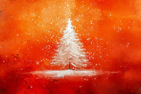 A snowy-white Christmas tree stands against a dynamic red and orange backdrop, adorned with shimmering stars, evoking joyful holiday spirit.の写真素材