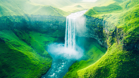 A cascading waterfall spills into a tranquil river amid vibrant green hills, creating a serene...