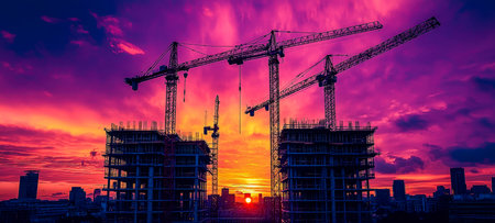Towering cranes silhouette against a glowing sunset illuminated modern cityscape under construction, evoking progress and urban development.の写真素材