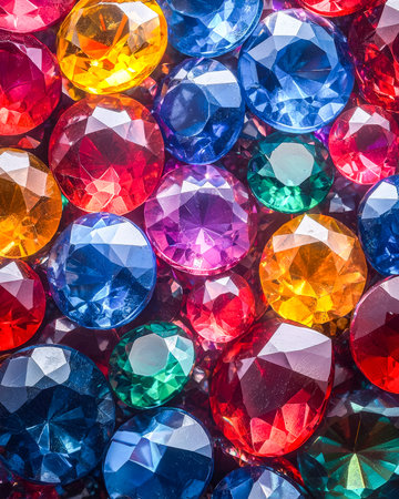 A vibrant display of shimmering gemstones in diverse cuts and rich tones, showing elegance and variety for jewelry design or decorative displays.の写真素材