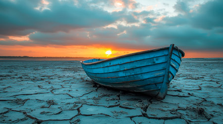 A weathered blue vessel rests on parched, fractured earth as golden hour casts warm hues, evoking solitude and the passage of time.の写真素材
