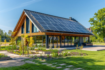 Modern eco-friendly passive house with photovoltaic system and solar panels on gable roofの写真素材