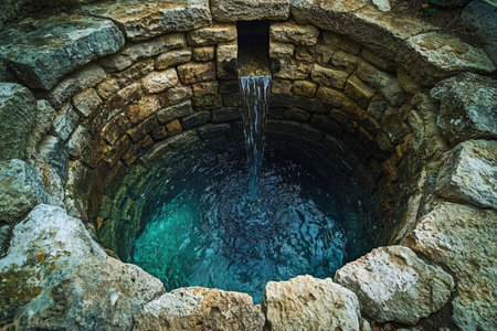 Weathered stone structure pours a gentle stream into a vivid turquoise basin, evoking timeless serenity amid lush natural surroundings.の写真素材