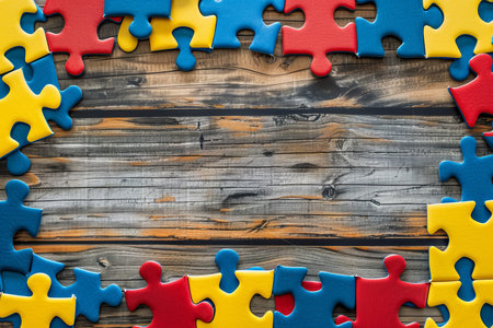 World autism awareness day puzzle frame on wooden background with copy space, top viewの写真素材