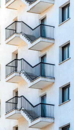 Urban apartment complex featuring external staircases, open balconies, and a weathered brick facade, evoking historic city living charm.の写真素材