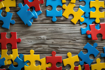 World autism awareness puzzle frame on wood background with copy space. Top view concept.の写真素材