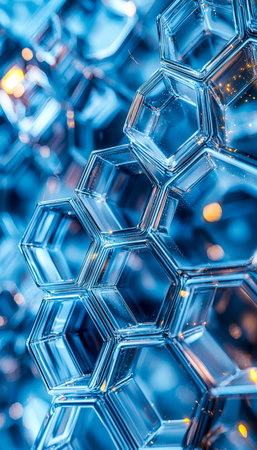 Intricate glass panels with luminous edges form a high-tech geometric network, evoking a visionary, sci-fi-inspired architectural aesthetic.の写真素材