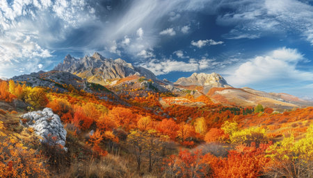 High-quality sunny day panorama of autumn mountain landscape with golden sunlightの写真素材