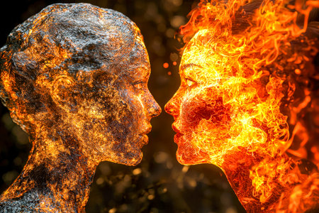 Two luminous figures ignite in fierce confrontation, their textures contrasting sharply amidst swirling flames and dynamic, energetic intensity.の写真素材