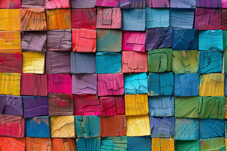 Colorful vibrant wood veneer mosaic tiles abstract background with scaled texture