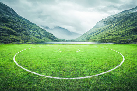 Vibrant grass pitches nestled amidst majestic peaks, with a tranquil lake reflecting the sky, perfect for outdoor sports and scenic sport settings.の写真素材