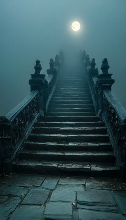 A shadowy trail illuminated faintly by moonlight winds into a dense, hazy atmosphere, evoking intrigue and an eerie nighttime mood.の写真素材