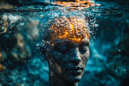 An underwater sculpture featuring a luminous brain emitting a soft glow, symbolizing mental strength...