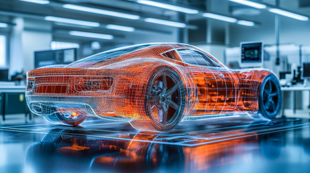 Sleek, aerodynamic vehicle showcased with glowing accents amid advanced technology equipment, evoking innovation and cutting-edge automobile design.の写真素材