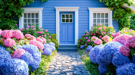 A welcoming blue home surrounded by vibrant hydrangeas, with a cobblestone path leading to the...