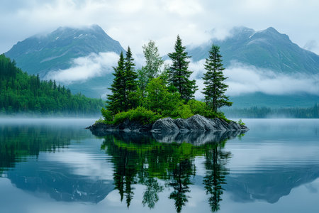 Serene waters mirror a tiny island cloaked in vibrant foliage, set against mist-shrouded mountains in a calming, poetic scene perfect for relaxation tの写真素材